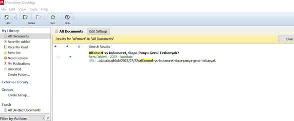 Tampilan References yang sudah masuk di Mendeley