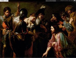 Pada lukisan karya Valentine de Boulogne di atas menunukkan bagaimana semua karakter utama ditempatkan di garis pemisah atas, menciptakan pengaturan yang dinamis.