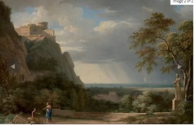 Rule of third kebanyakan digunakan dalam karya dengan komposisi landscape. Dalam conoh lukisan di atas karya Pierre Henri de Valenciennes, horizon ditempatkan di bagian bawah dan kumpulan besar gunung dan pemandangan ditempatkan di bagian kiri, hal ini bertujuan untuk menciptakan pemandangan yang lebih dinamis.