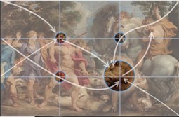 Dengan menggunakan metode the Rule of Thirds, seniman dapat memberikan panduan bagi arah mata pengamat, seperti dalam lukisan karya Rubens ini, titik fokus utama babi hutan ditempatkan di persimpangan.