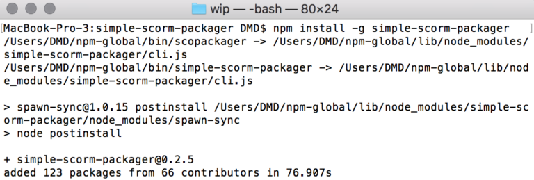install npm simple-scorm-packager selesai