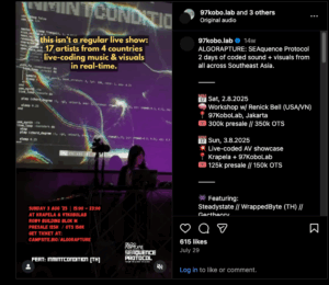 Contoh Karya Live Coding oleh kolektif seniman yang ditampilkan oleh @97kobo.lab https://www.instagram.com/reel/DMrKNFcSYJ6/