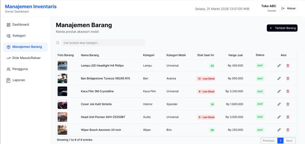 Sistem Point of Sale dan Manajemen Inventaris untuk toko aksesoris mobil